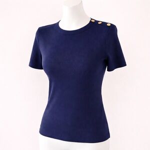 White House Black Market Ribbed Button Shoulder Tee Officer Blue Size M